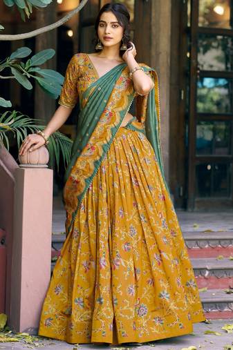 Gorgeous Mustard Yellow Foil Printed Tussar Silk Haldi Wear Lehenga Choli