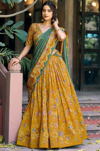 Gorgeous Mustard Yellow Foil Printed Tussar Silk Haldi Wear Lehenga Choli