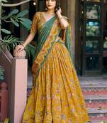 Gorgeous Mustard Yellow Foil Printed Tussar Silk Haldi Wear Lehenga Choli