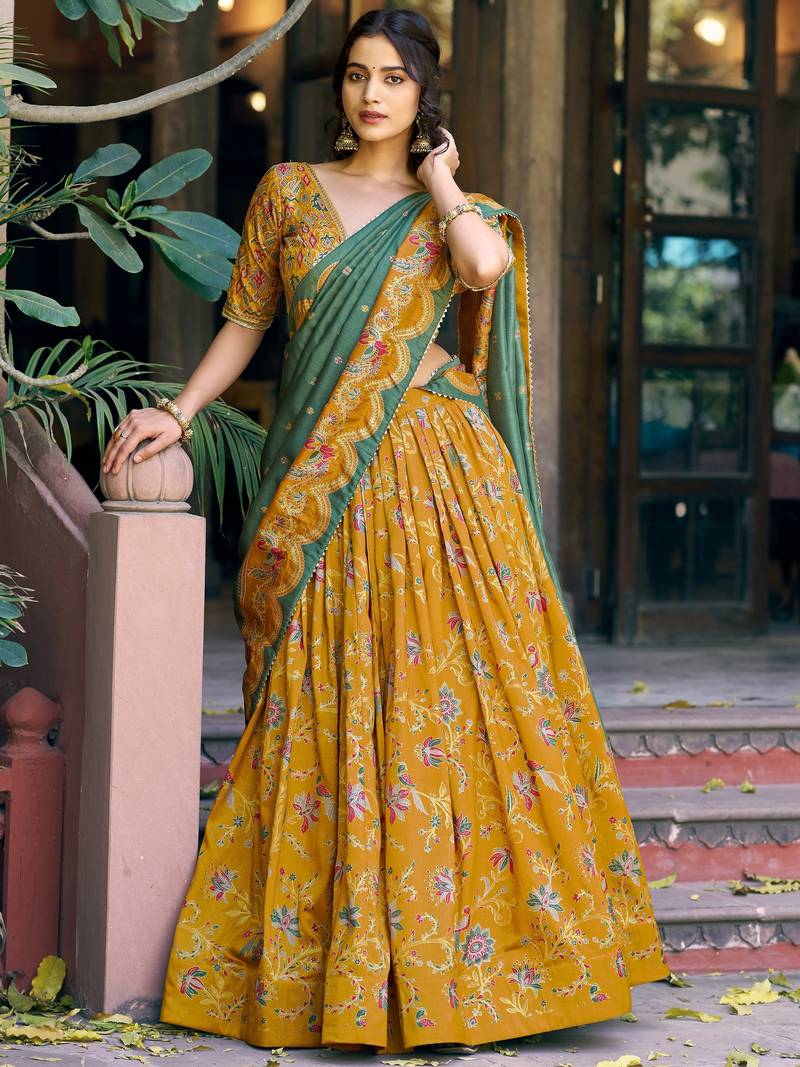 Gorgeous Mustard Yellow Foil Printed Tussar Silk Haldi Wear Lehenga Choli