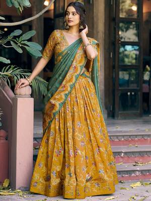 mustard yellow foil printed tussar silk lehenga choli 2