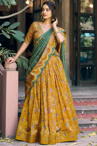 Gorgeous Mustard Yellow Foil Printed Tussar Silk Haldi Wear Lehenga Choli