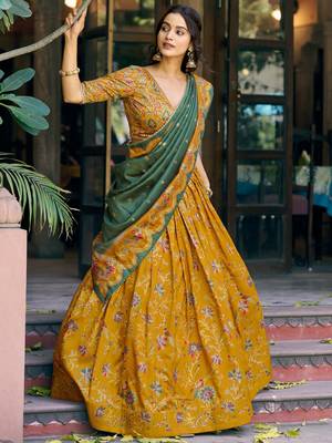 mustard yellow foil printed tussar silk lehenga choli 3