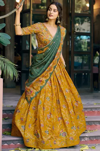 Gorgeous Mustard Yellow Foil Printed Tussar Silk Haldi Wear Lehenga Choli