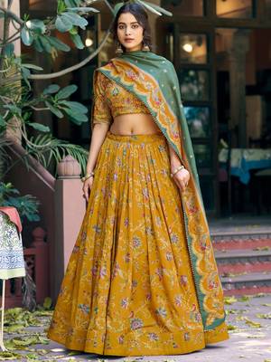 mustard yellow foil printed tussar silk lehenga choli 4
