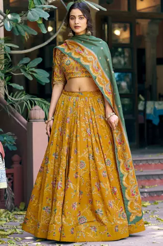 Gorgeous Mustard Yellow Foil Printed Tussar Silk Haldi Wear Lehenga Choli