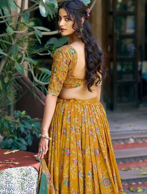 mustard yellow foil printed tussar silk lehenga choli 5