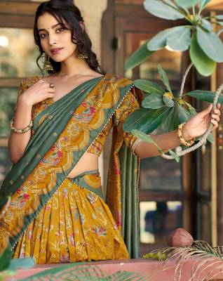 mustard yellow foil printed tussar silk lehenga choli 6