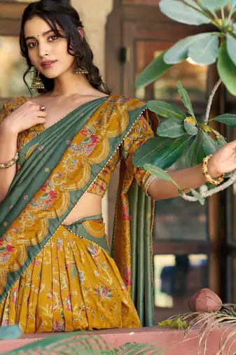 Gorgeous Mustard Yellow Foil Printed Tussar Silk Haldi Wear Lehenga Choli