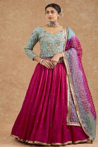 Hot Pink And Teal Viscose Silk Hand Embroidered Lehenga Set