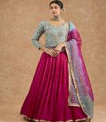 Hot Pink And Teal Viscose Silk Hand Embroidered Lehenga Set