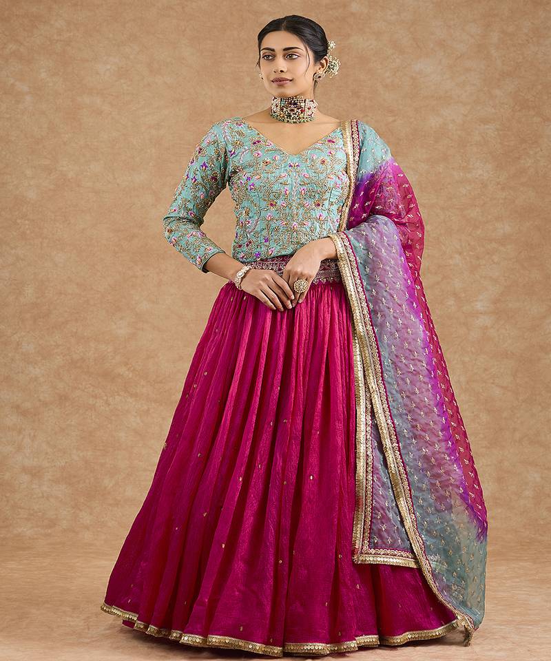 Hot Pink And Teal Viscose Silk Hand Embroidered Lehenga Set
