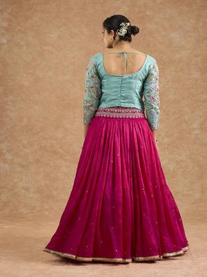 Hot Pink And Teal Viscose Silk Hand Embroidered Lehenga Set 2