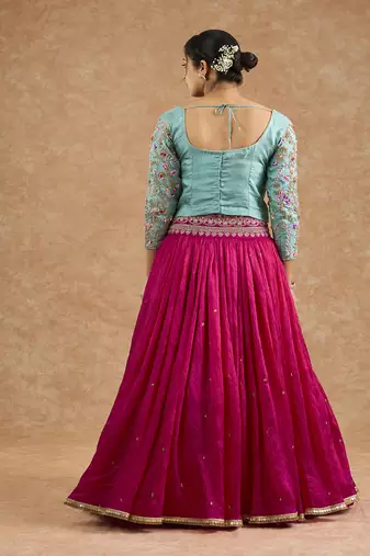 Hot Pink And Teal Viscose Silk Hand Embroidered Lehenga Set