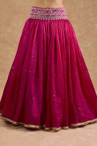 Hot Pink And Teal Viscose Silk Hand Embroidered Lehenga Set