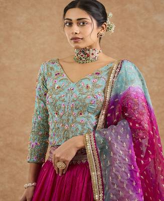 Hot Pink And Teal Viscose Silk Hand Embroidered Lehenga Set 4