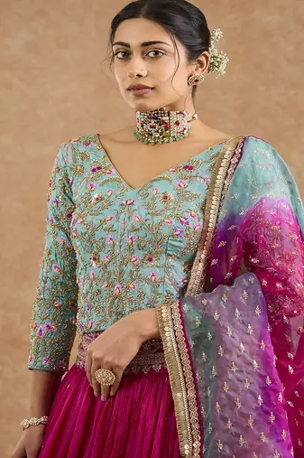 Hot Pink And Teal Viscose Silk Hand Embroidered Lehenga Set