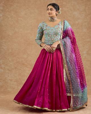 Hot Pink And Teal Viscose Silk Hand Embroidered Lehenga Set 5