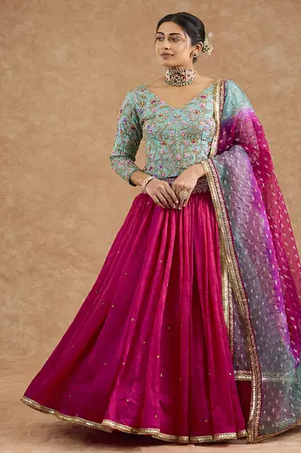 Hot Pink And Teal Viscose Silk Hand Embroidered Lehenga Set