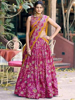 rani pink foil printed tussar silk wedding lehenga 1