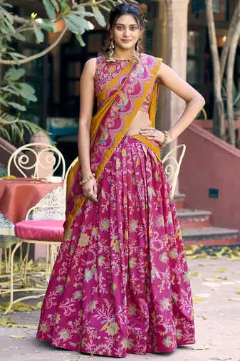 Regal Rani Pink Foil Printed Tussar Silk Wedding Wear Lehenga With Blouse