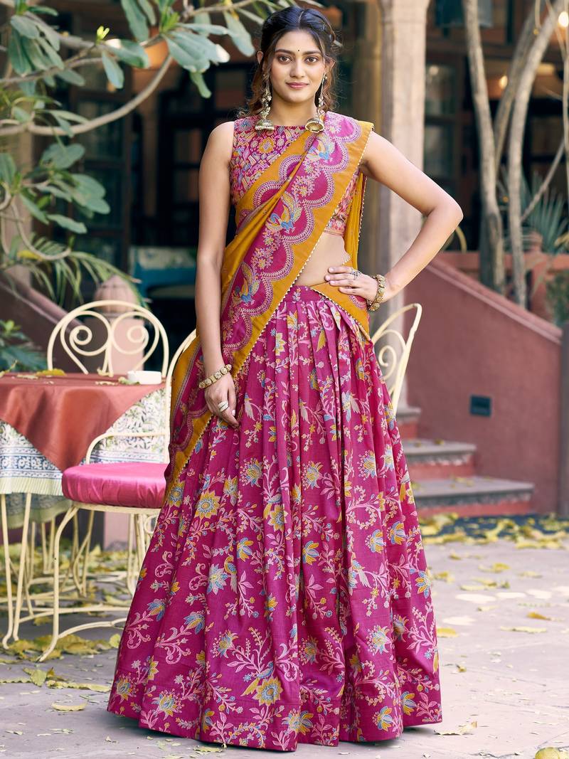 Regal Rani Pink Foil Printed Tussar Silk Wedding Wear Lehenga With Blouse