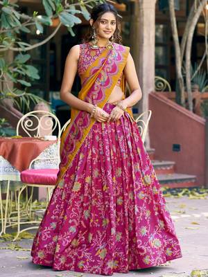 rani pink foil printed tussar silk wedding lehenga 2