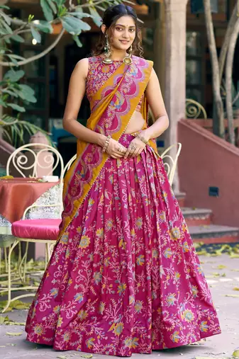 Regal Rani Pink Foil Printed Tussar Silk Wedding Wear Lehenga With Blouse