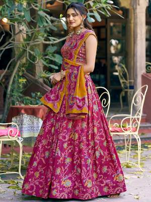 rani pink foil printed tussar silk wedding lehenga 3