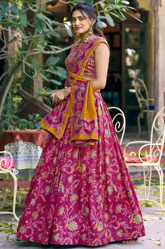 Regal Rani Pink Foil Printed Tussar Silk Wedding Wear Lehenga With Blouse