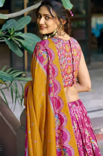 Regal Rani Pink Foil Printed Tussar Silk Wedding Wear Lehenga With Blouse
