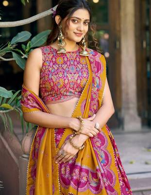 rani pink foil printed tussar silk wedding lehenga 5