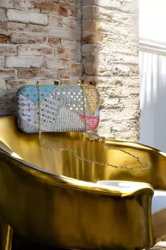 Multicolour sequinned party clutch