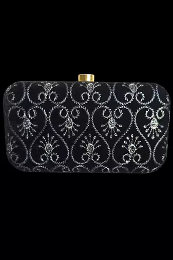 Black embroidered party clutch