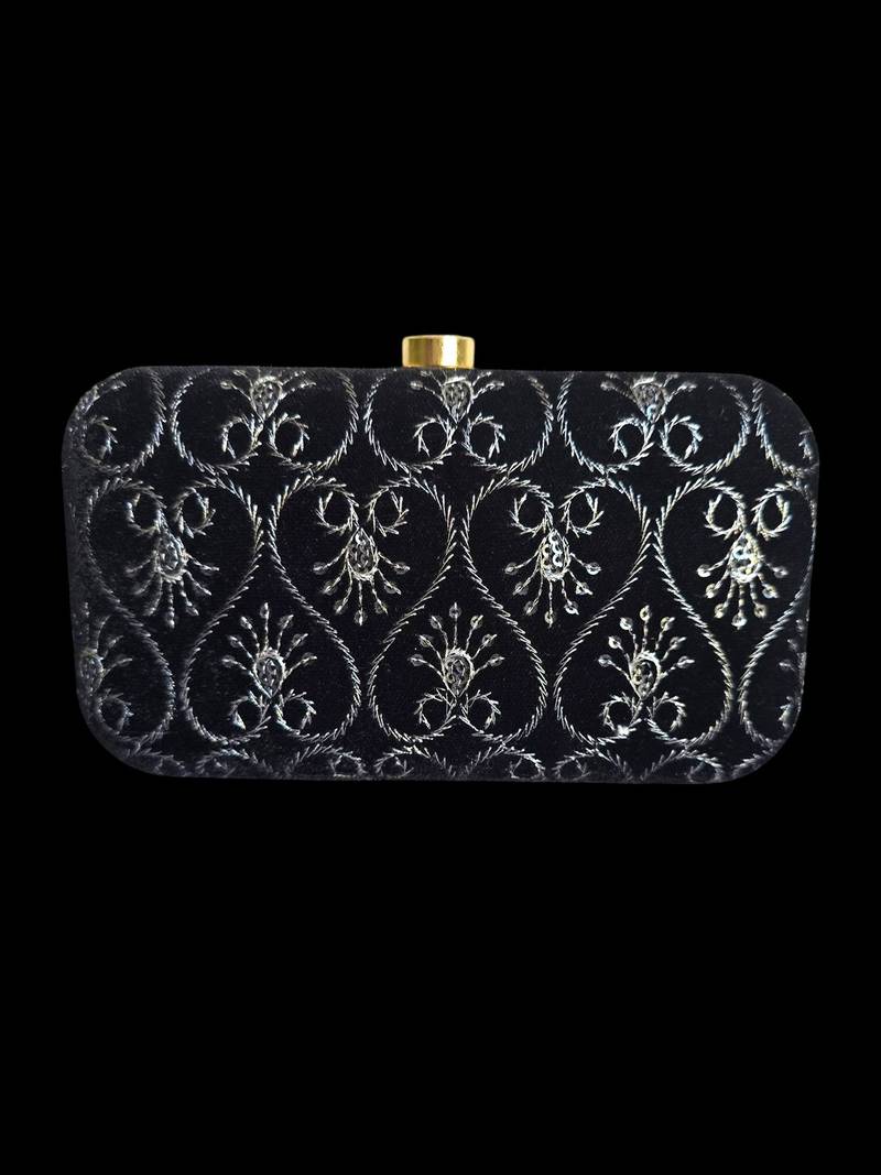 Black embroidered party clutch