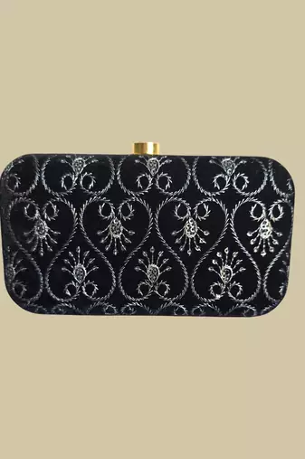 Black embroidered party clutch