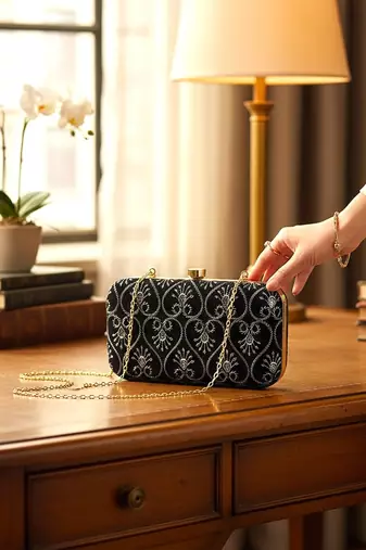 Black embroidered party clutch