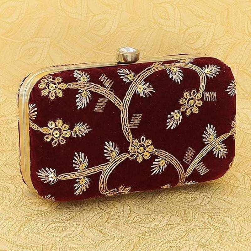 Maroon embroidered party clutch