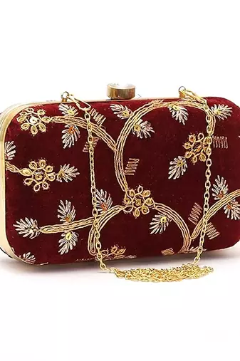 Maroon embroidered party clutch
