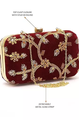 Maroon embroidered party clutch
