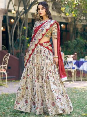 off white foil work tussar silk festive wear lehenga choli 1