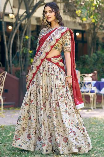 Classic Off White Foil Work Tussar Silk Festive Wear Lehenga Choli With Dupatta