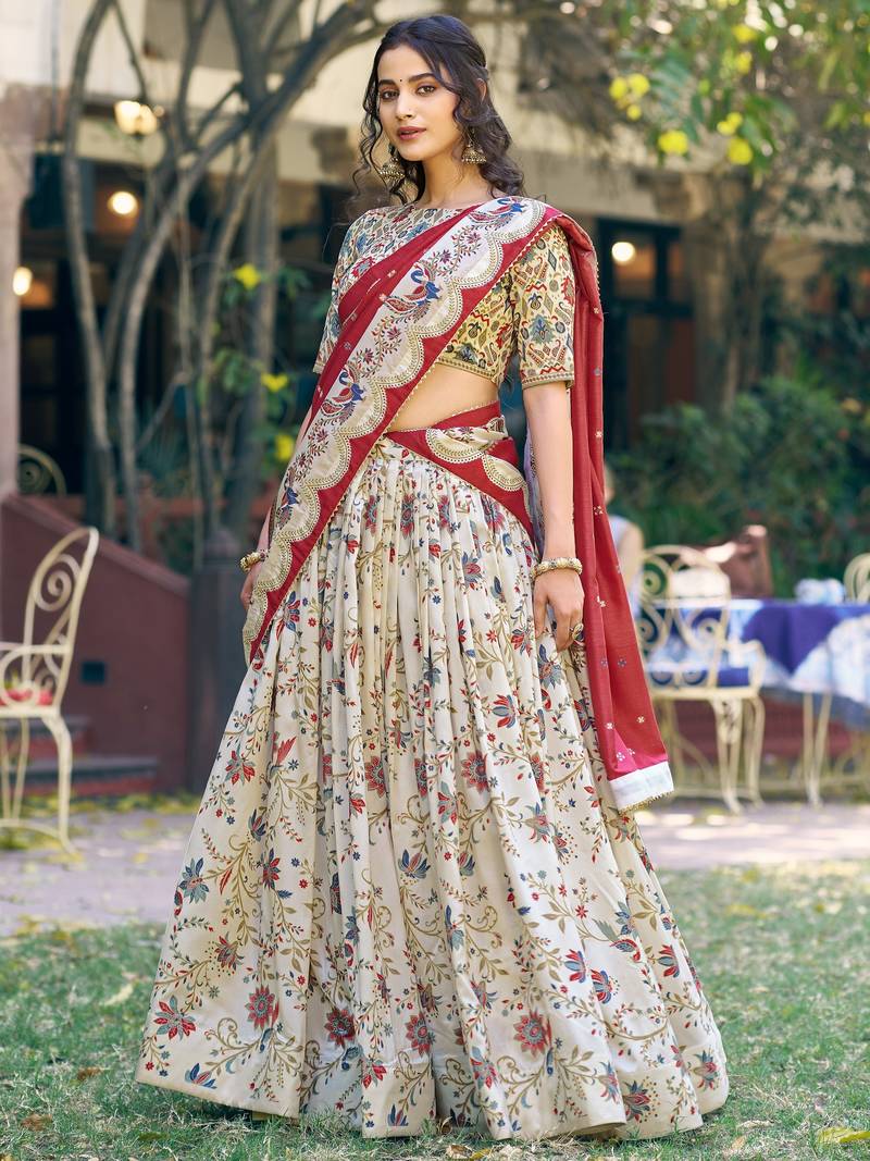 Classic Off White Foil Work Tussar Silk Festive Wear Lehenga Choli With Dupatta