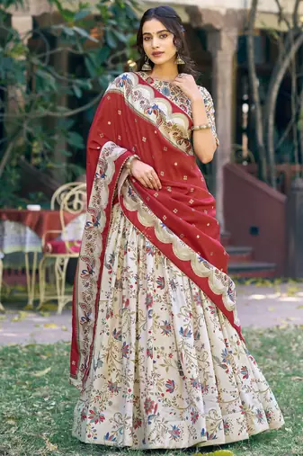 Classic Off White Foil Work Tussar Silk Festive Wear Lehenga Choli With Dupatta