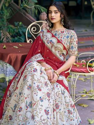 off white foil work tussar silk festive wear lehenga choli 3