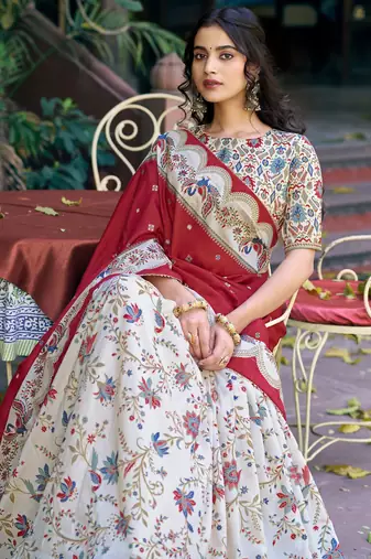 Classic Off White Foil Work Tussar Silk Festive Wear Lehenga Choli With Dupatta