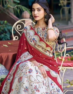 off white foil work tussar silk festive wear lehenga choli 5