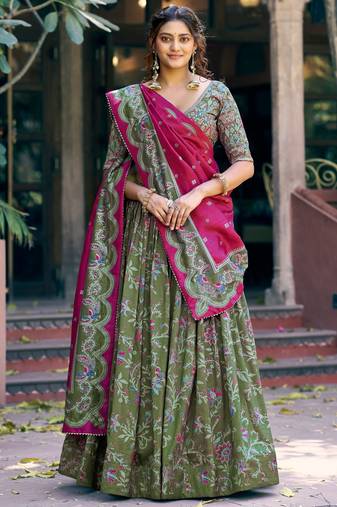 Glorious Bottle Green Printed Tussar Silk Mehendi Wear Lehenga Choli