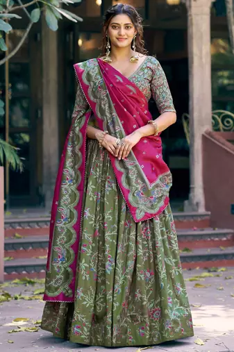 Glorious Bottle Green Printed Tussar Silk Mehendi Wear Lehenga Choli