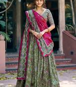 Glorious Bottle Green Printed Tussar Silk Mehendi Wear Lehenga Choli
